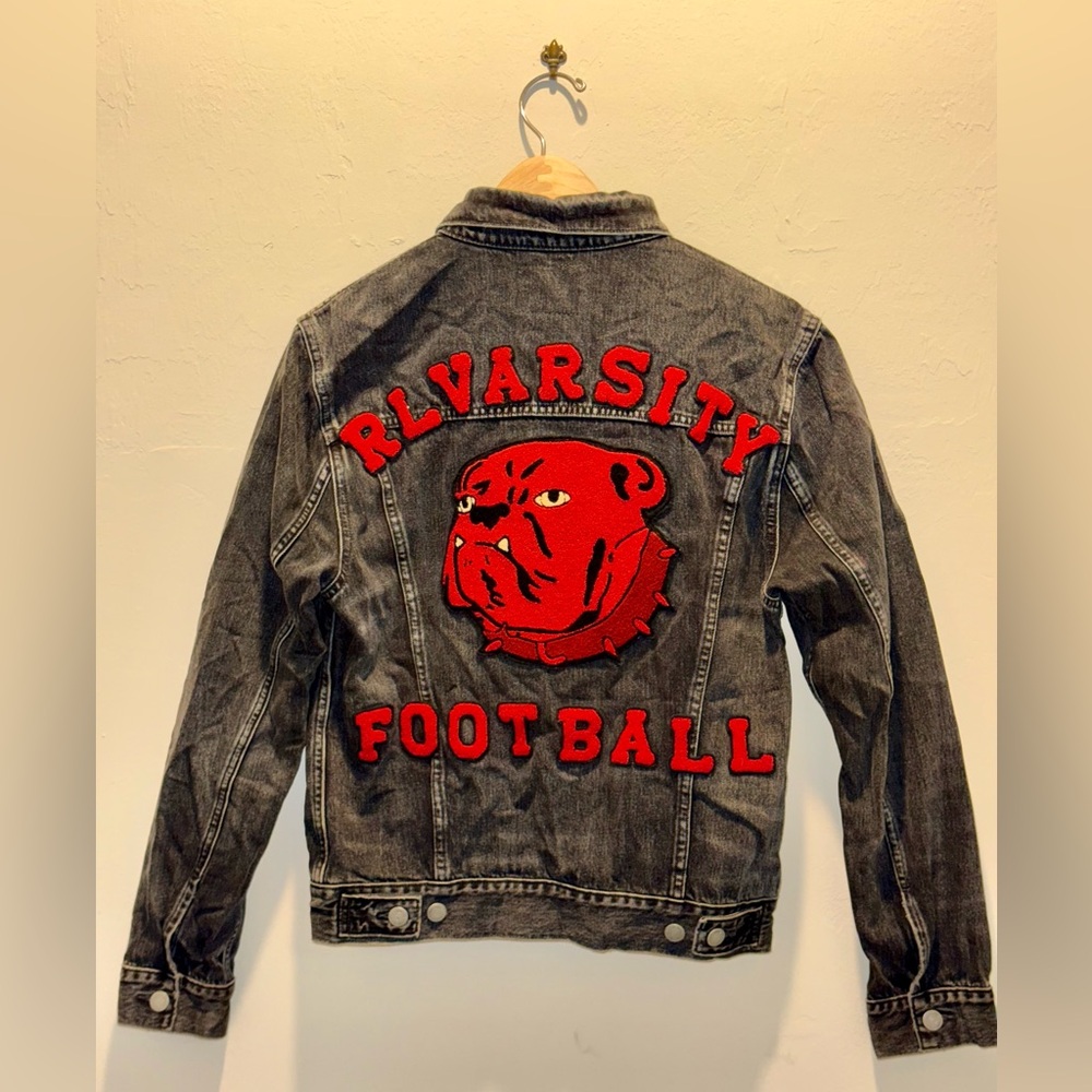 Varsity Football Denim Jacket with Bulldog Patch